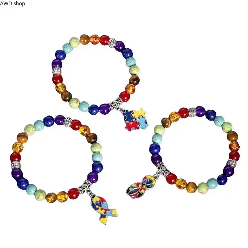 Unisex Rainbow Chakra Stone Beaded Sports Wristband - Natural Stones, Sensory-Friendly Soft Beads, Stretch Band for Most Wrists, Puzzle Piece Charm, Daily Wear, Infinity Acceptance Autism Awareness Wear