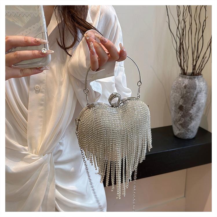 Heart-Shaped Evening Bag for Women, Tassel Sparkle Rhinestone Party Clutch, Elegant Prom Ballroom Handbag, Stylish Banquet Purse
