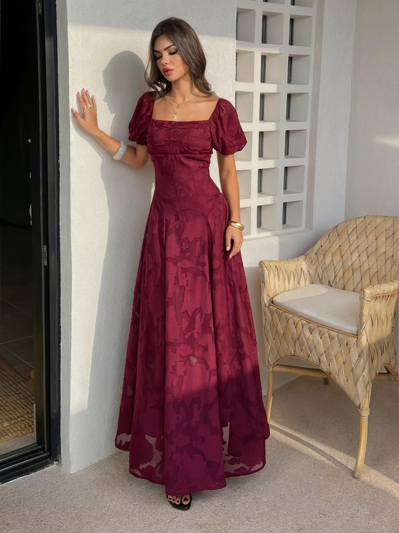 Pure Color Jacquard Square Neck Bubble Sleeve Dress, Back Crossed Tie French Vintage Wedding Banquet Atmosphere Dress