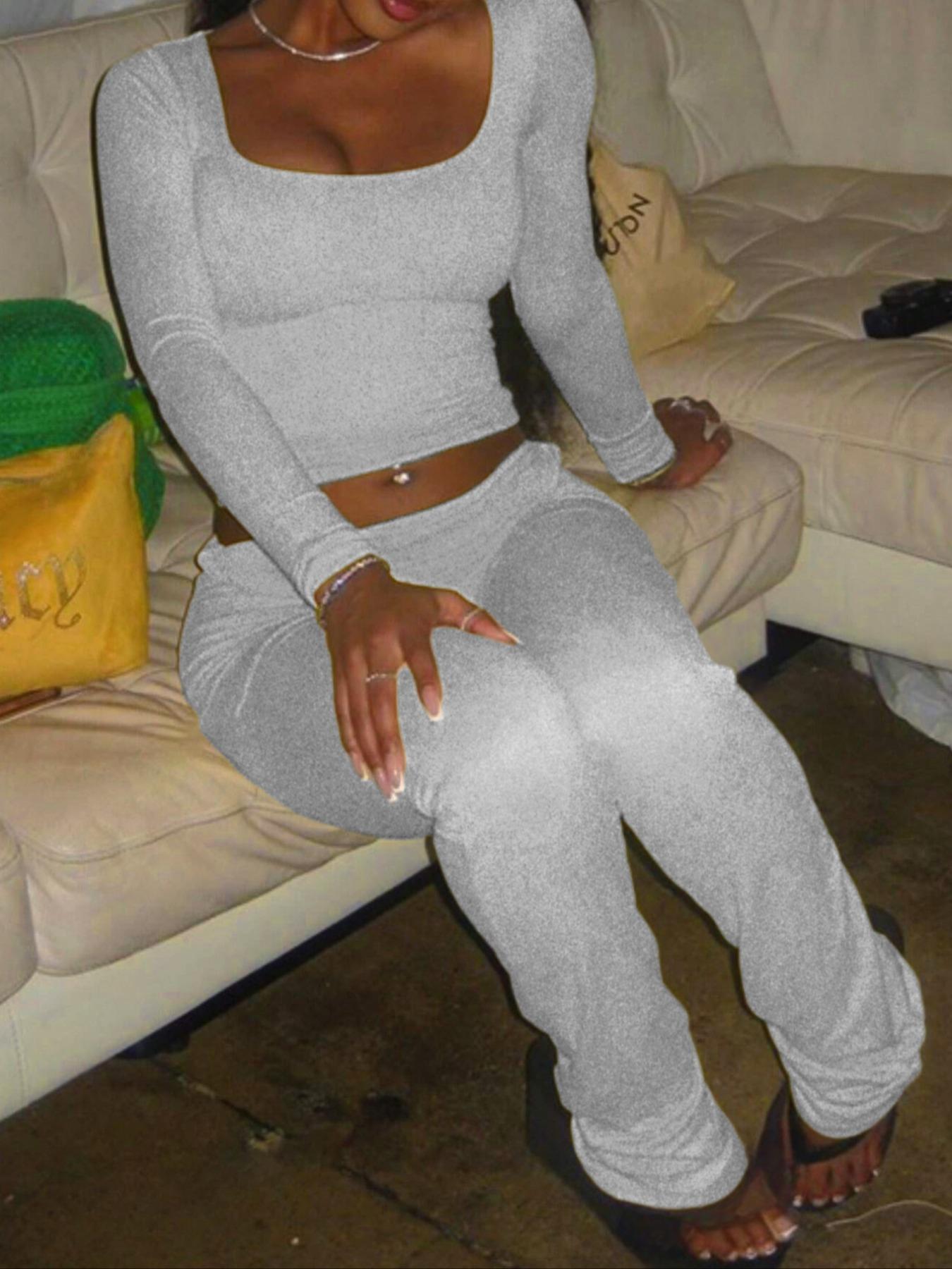 Women's Long Sleeve Square Neck Flare Pants Set, Casual Home Wear, Comfortable Loungewear, Stylish and Cozy for Daily Use