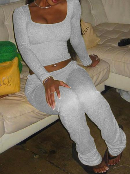 Women's Long Sleeve Square Neck Flare Pants Set, Casual Home Wear, Comfortable Loungewear, Stylish and Cozy for Daily Use