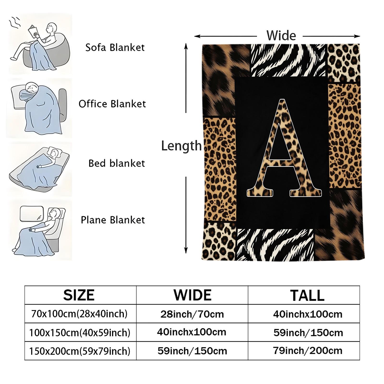 Animal Print Monogram Throw Blanket, Leopard Zebra Tiger Initial Soft Flannel Blanket for Sofa Bed, Gift for Animal Lovers