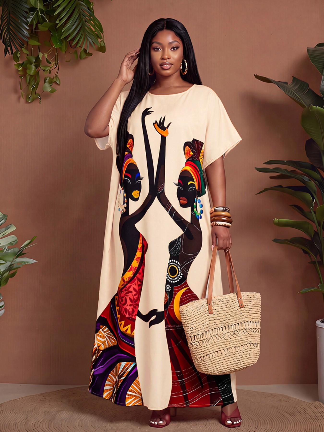 African Totem Print Long Dress, Bohemian Print Dress, Boho Style Loose Fit Short Sleeve Maxi Dress, Plus Size Home Beach Summer Vacation Dress, Vintage Exotic Wind, Casual