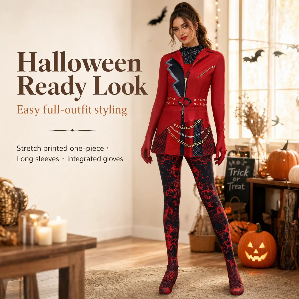 Women Red Punk Printed Jumpsuit Cosplay Costume, Full Set Chain Belt Outfit Halloween Fancy Dress