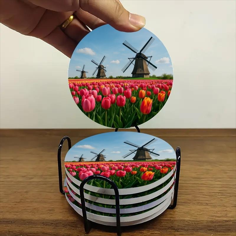 6-Piece Coaster Set Windmill Tulip Design Ceramic Non-Slip Heat Resistant for Coffee & Drinks Home Restaurant Decor Ideal Gift
