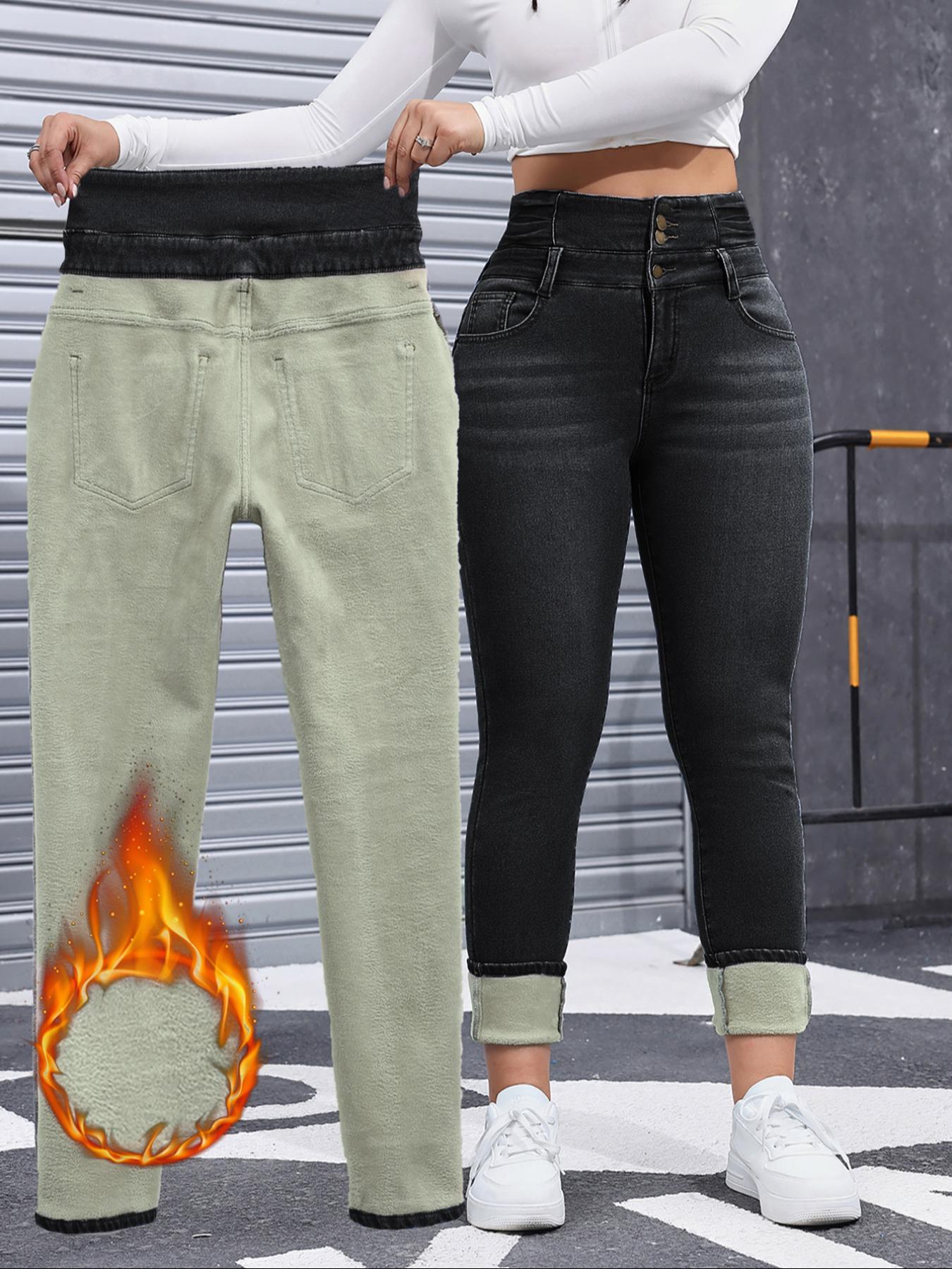 Women's Fleece-Lined Jeans, High Stretch Thick Woven Denim For Winter, Slimming, Fitted And Comfortable