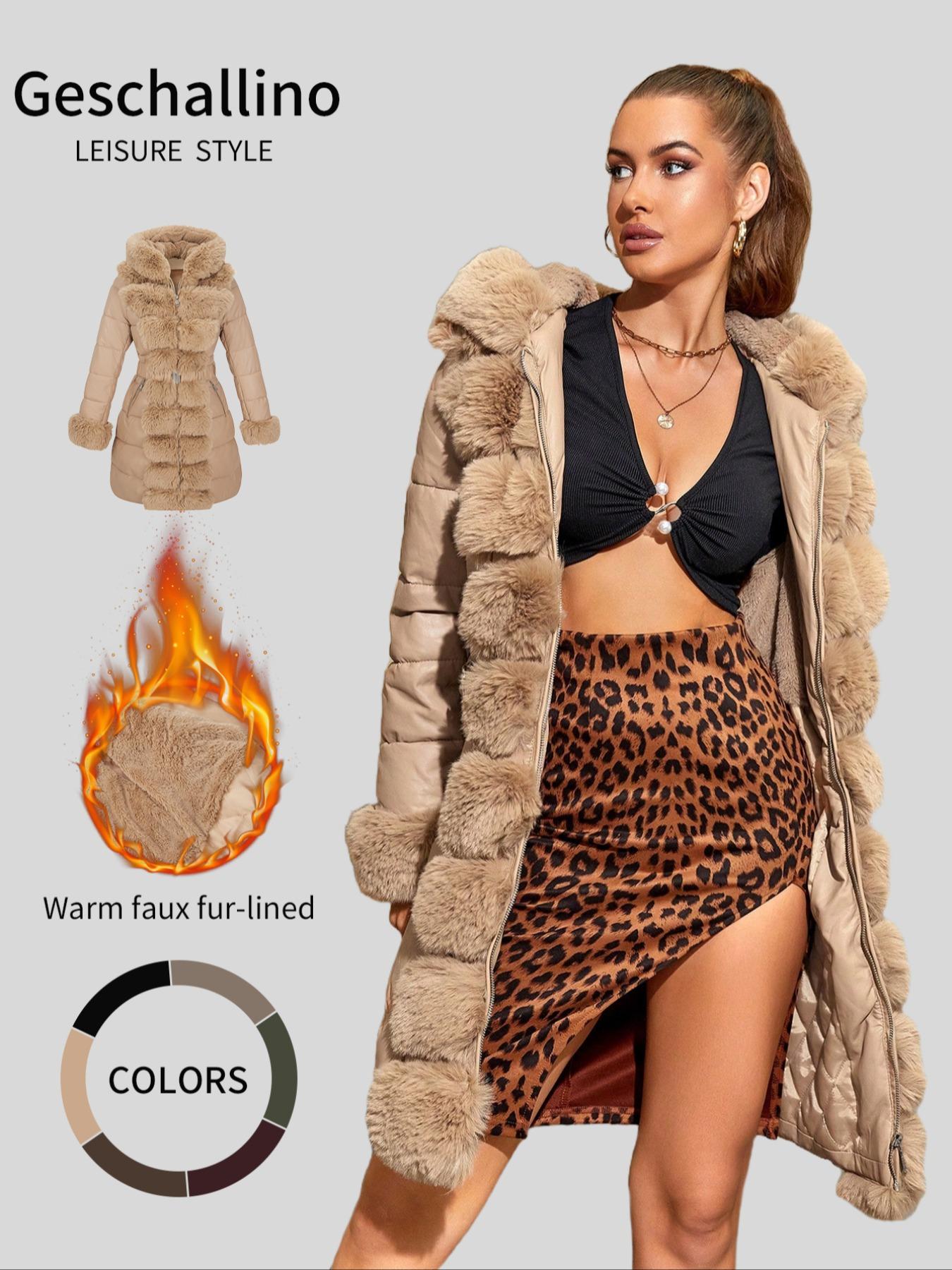 Women's Elegant Chic puffer Coat with Fleece Trim, Faux Fur & Belt, Mid-Length Fall Winter Hooded Fitted Jacket, Warm Daily Wear Outerwear