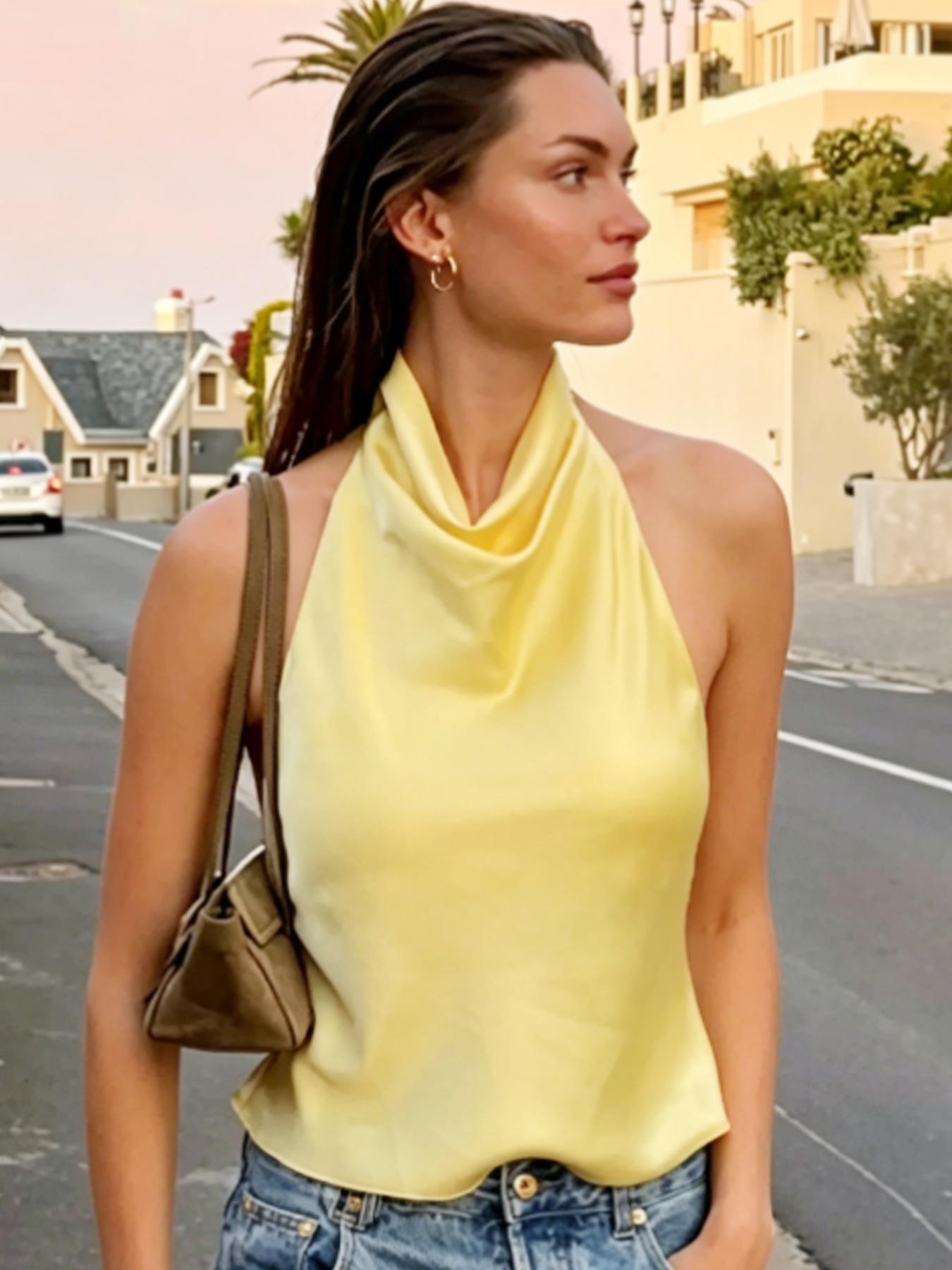 Women's Satin Halter Tops Halter Neck Y2K Sexy Corset Crop Tanks & Camis Backless Camisole Summer 2026 Ladies Fashion Backless Sleeveless Tank Tops Black White Orange Pink Yellow Brown Purple Green Top Elegant Evening Party Prom Top Women Solid Tank Top