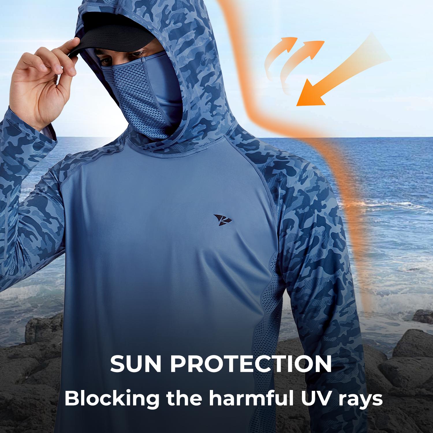 【RODEEL】915 Sun Hoodie Shirts with Mask Neck Gaiter Men UPF 50+ UV Protection Long Sleeve Lightweight Quick Dry Moisture Wicking Breathable Cooling Athletic Activewear for Outdoor Fishing Boating Hiking Cycling Construction Roofing Gardening Tree Service