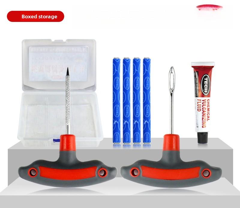 Car Motorcycle Electric Scooter Tubeless Tire Repair Kit with Vulcanizing Strips and Patching Tools