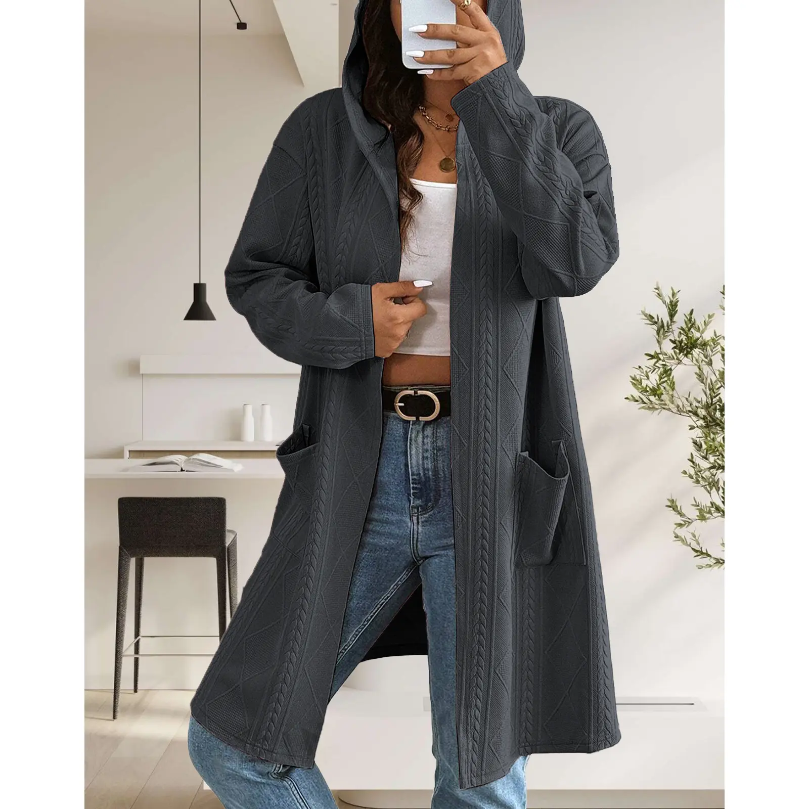 Women Plus Size Hooded Long Cardigan, Cable Diamond Jacquard Textured Open Front Coat, Oversized Long Sleeve Mid Length Outerwear with Pockets for Fall Winter Casual