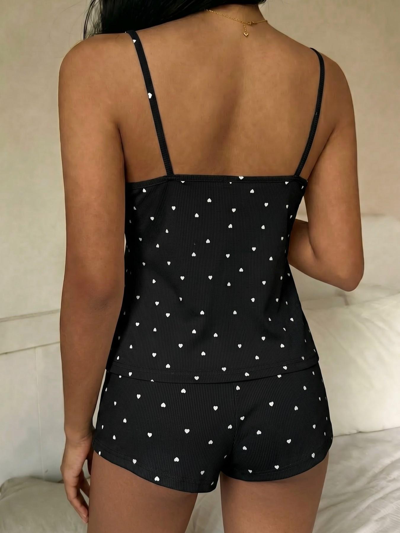 Black Coquette Heart Print Lace Trim Ribbed Cami Shorts Set, Soft Buttery Skin-Friendly Breathable Sleepwear Loungewear Pajamas for Women, Cute Casual Summer Nightwear, Trendy Aesthetic 2-Piece Outfit, Viral Tiktok Coquette Pajamas, Lightweight Flattering