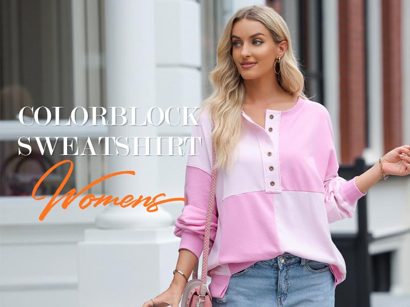 Shewin 2026 Cozy Oversized Color-Block Henley Pullover Women’s Long Sleeve Sweatshirt Soft Tie-dye Fabric Comfy Layering for Casual Daily Looks - Womenswear