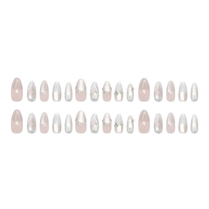 3D Cat Eye Butterfly Acrylic Nails with Diamond Sparkle, French Style White French Tip Almond Shaped Beauty, 30 Pcs Easy to Remove for DIY Nail Art