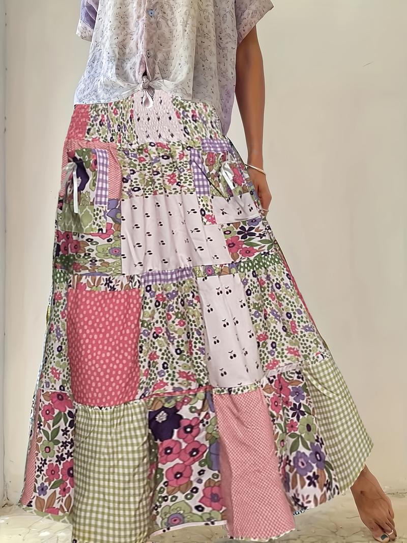 Plus Size Colorblock Print Pocket Skirt, Casual Waist Tie Long Half Skirt, Comfortable and Stylish Women's Fashion Plus Size Colorblock Print Pocket Skirt, Casual Waist Tie Long Half Skirt, Comfortable and Stylish Women's Fashion