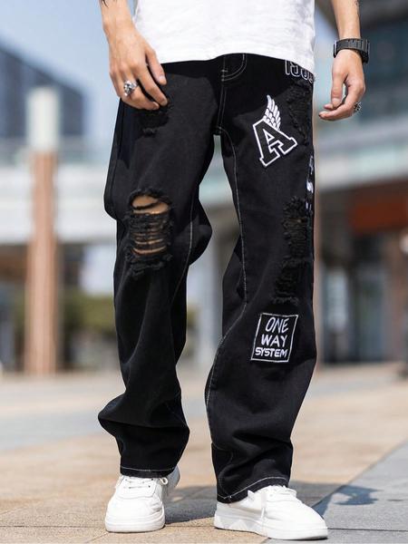Men's Black Ripped Patched Wide-Leg Denim Jeans, Personalized Patches + Trendy Rips, a Must-Have for Street Trendsetters!