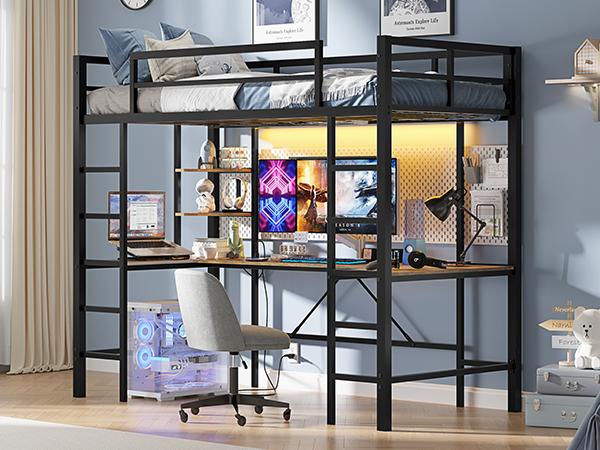 Hasuit Twin Size Loft Bed with Desk U-Shaped | Heavy Duty Metal Frame & Built-in Charging Station | RGB APP-Controlled LED Lights, Safety Guardrails + Open Shelves | No Box Spring Needed Easy Diy Assembly