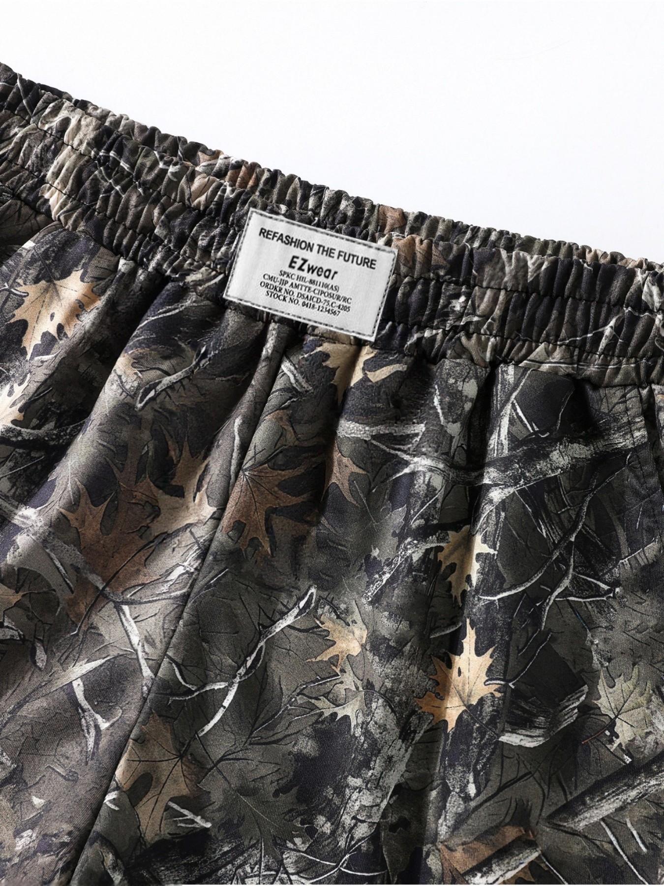 Women's Vintage Street Style Dried Branch Maple Leaf Camo Print and Solid Color Loose Sporty Shorts, Summer Casual Comfortable Daily Wear