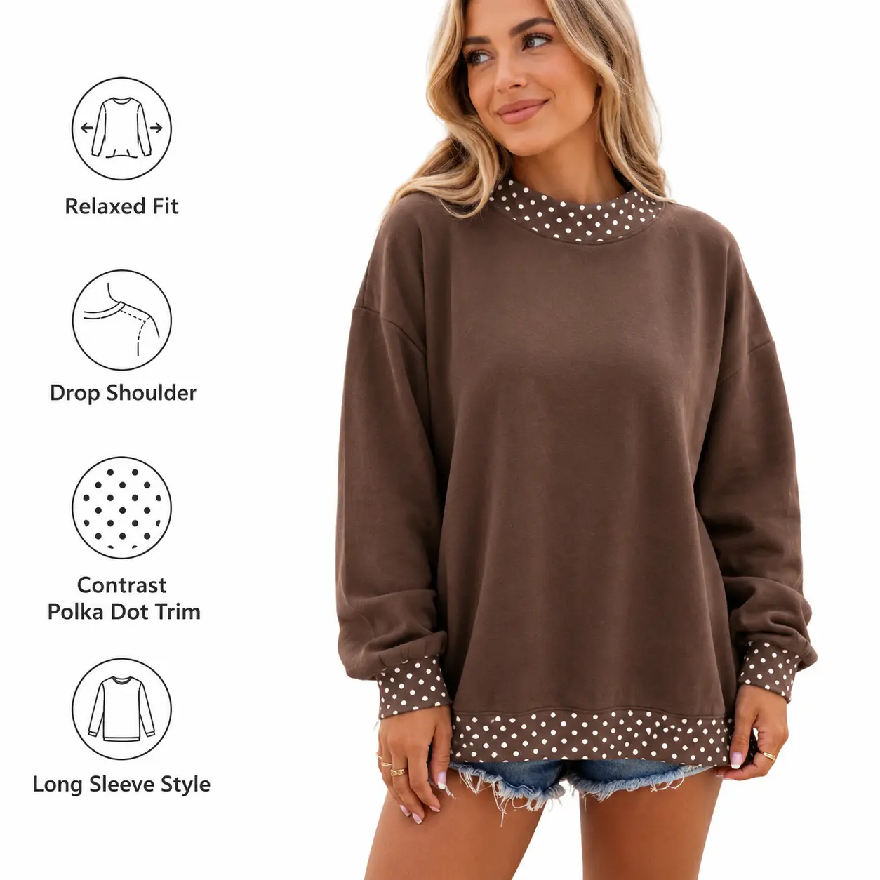 Women's Oversized Mock Neck Long Sleeve Sweatshirt - Brown, Polka Dot Trim, Drop Shoulder, Loose Pullover, Long Sleeve Shirt, Layered Look Ready, Machine Washable, Casual Fall Everyday Top