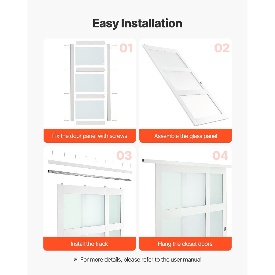 VEVOR 72"x80" Bypass Sliding Door, Double 37" Panels, 3-Lite Frosted Glass, Solid Wood MDF Slab with Waterproof PVC Surface, Hardware Kit & Floor Guide for Closets, Bedrooms, Frost Glass