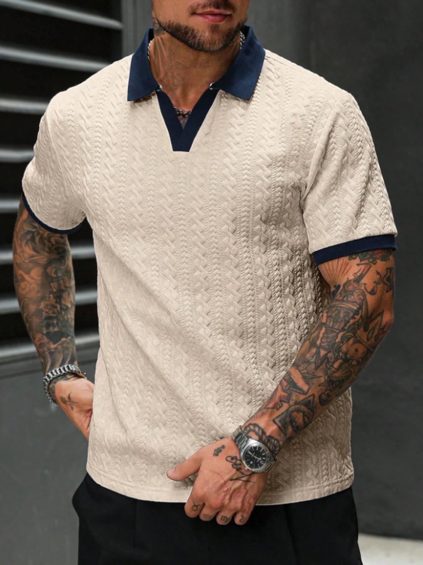 Men's Retro Colorblock Polo Shirt, Textured V Neck Short Sleeve Top, Casual Street Style, Summer Fashion, Fitted Leisurewear Men's Retro Colorblock Polo Shirt, Textured V Neck Short Sleeve Top, Casual Street Style, Summer Fashion, Fitted Leisurewear