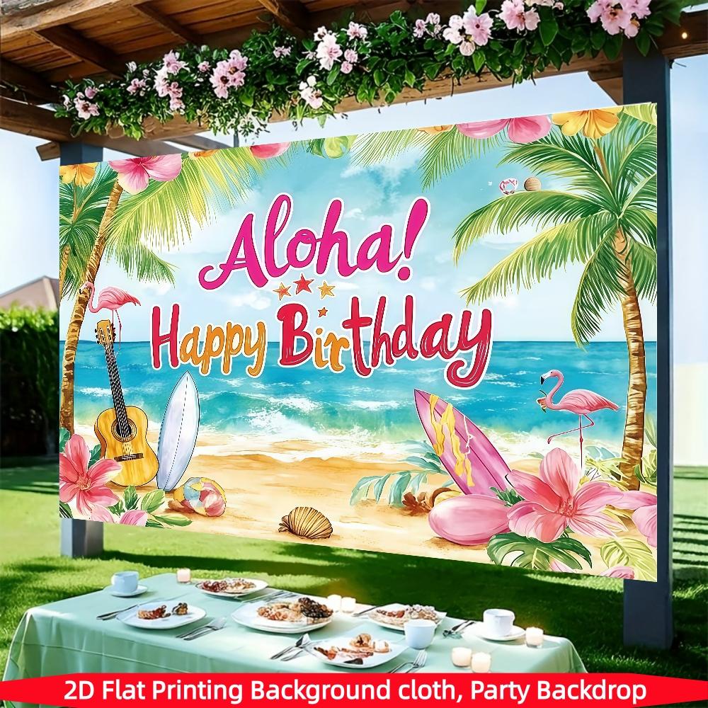 Vibrant Hawaiian birthday background banner,graffiti beach scene with flamingos and palm trees, suitable for summer parties, photo booth props and cake table decorations, Hawaiian party decorations, multifunctional decorations for outdoor birthday parties