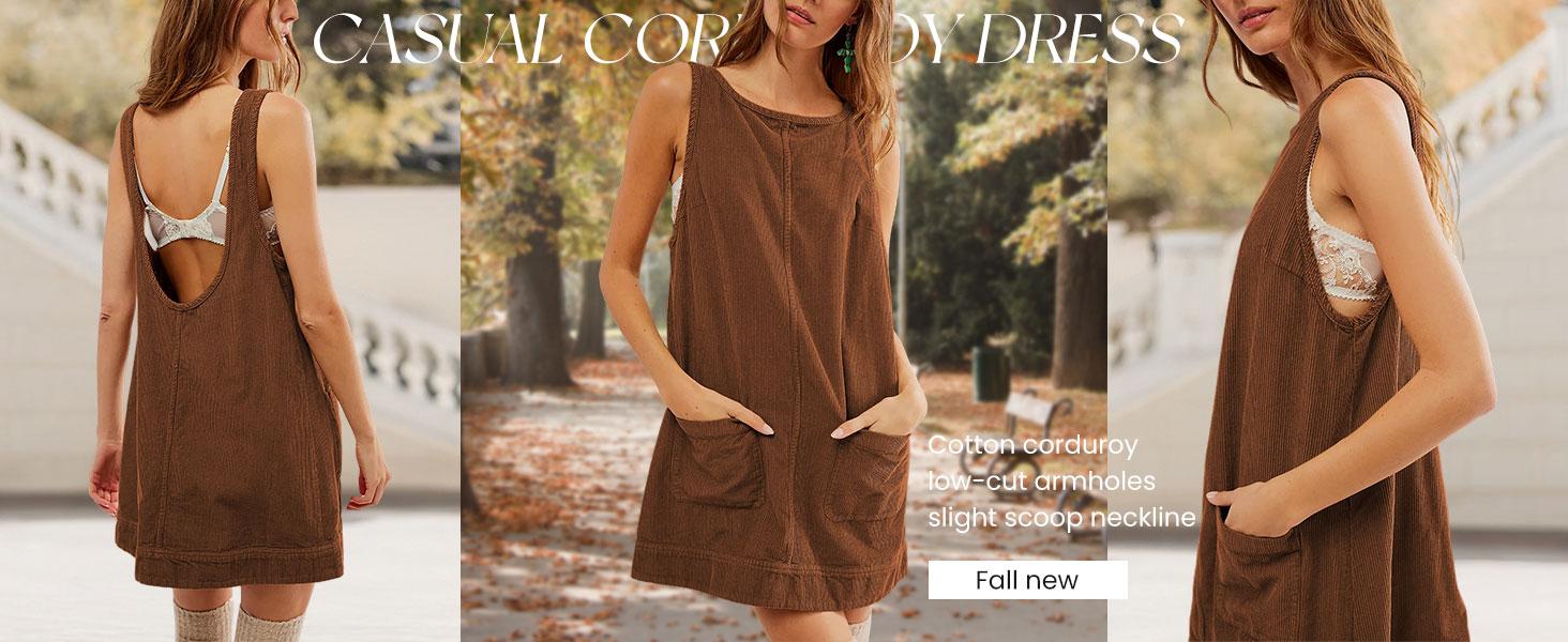 Ommig Women's Corduroy Overall Dress Round Neck A Line Skirtall Jumper Mini Dress Pinafore with Pockets ValentinesDay Outfit
