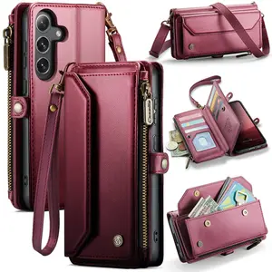 Crossbody for Samsung Galaxy S24 FE Case Wallet【RFID Blocking】 with 10-Card Holder Zipper Bills Slot, Soft Magnetic Flip Wristlet Shoulder Strap Wallet Case for Women