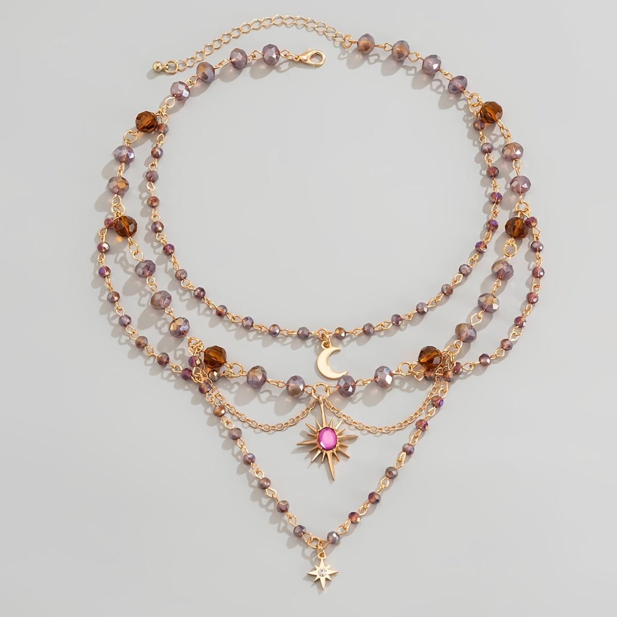 Women's Elegant Multi-Layer Gradient Purple Coffee Crystal Bead Necklace - Cuban Link Chain, Sparkly Sun-Moon-Star & Heart Charms, Gold-Metal Coating, Gothic Hippie Daily Female Stackable Costume Jewelry