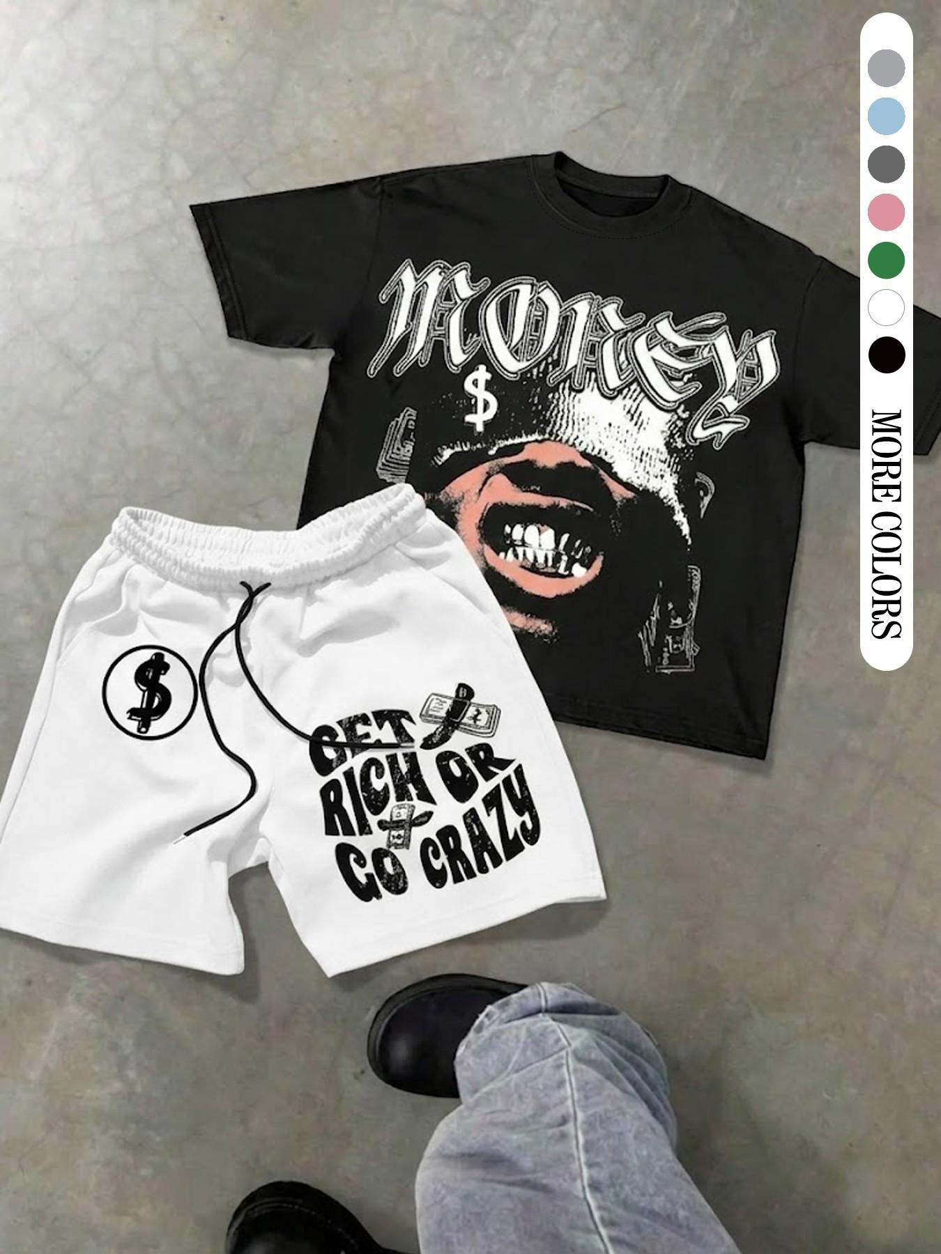 Two-Piece Set Men's Money Print Graphic Short Sleeve Crop Tee & Shorts, Loose Casual Fashion Round Neck T-shirt & Shorts for Daily Outdoor Wear, Men's Clothing for Summer, Menswear