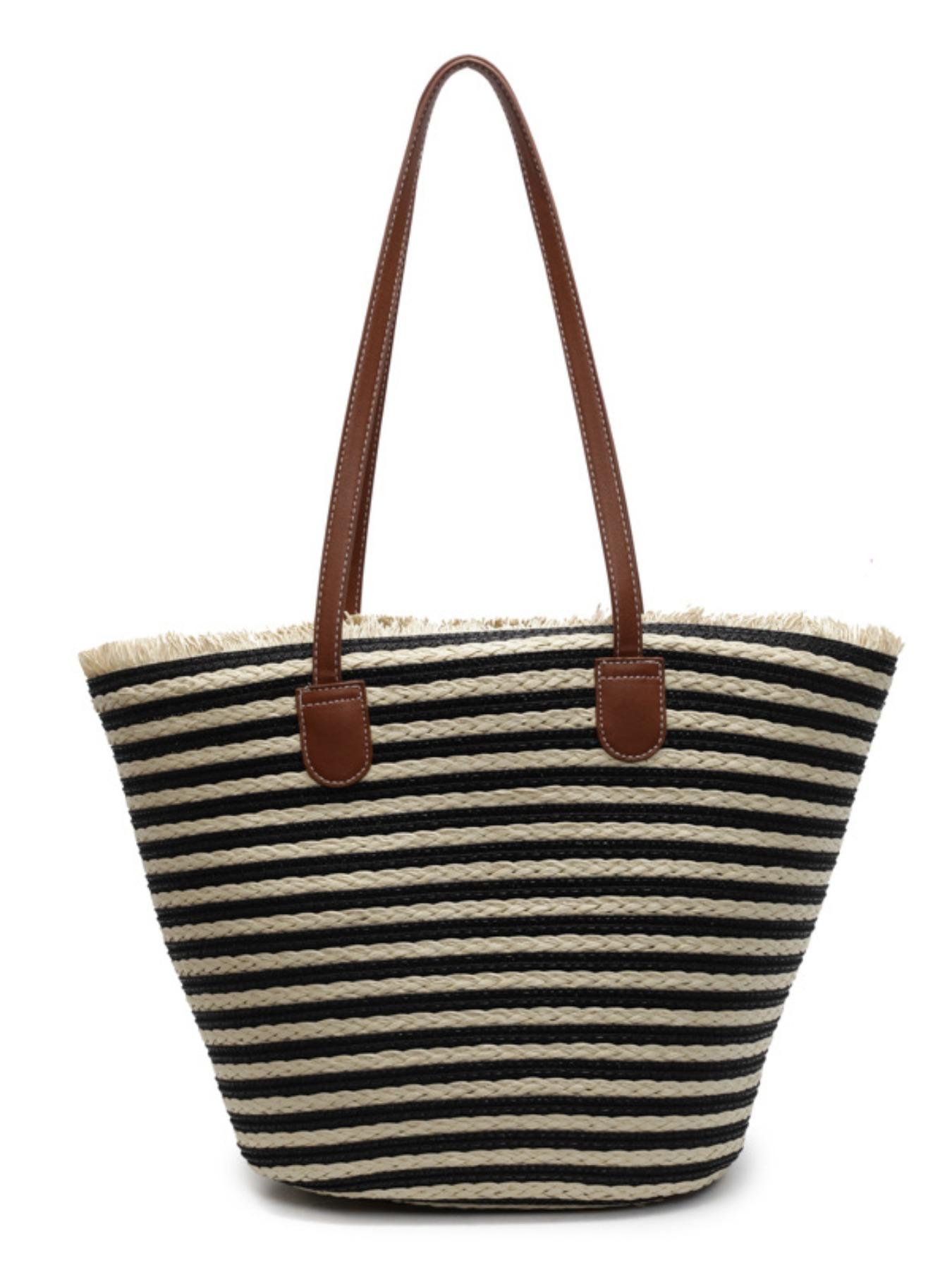 2026 New Casual Simple Large Capacity Bag, Beach Vacation Straw Basket Bag, Striped Shoulder Tote Bag, Elegant Style