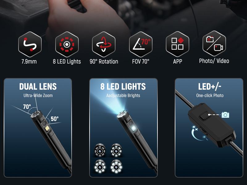 KAIWEETS Endoscope Borescope Camera with 8 Adjustable LED Lights, Car Inspection Camera, IP67 waterproof Multifunctional Inspection Tool for Car Repair, Home Appliance Inspection, Pipeline Maintenance