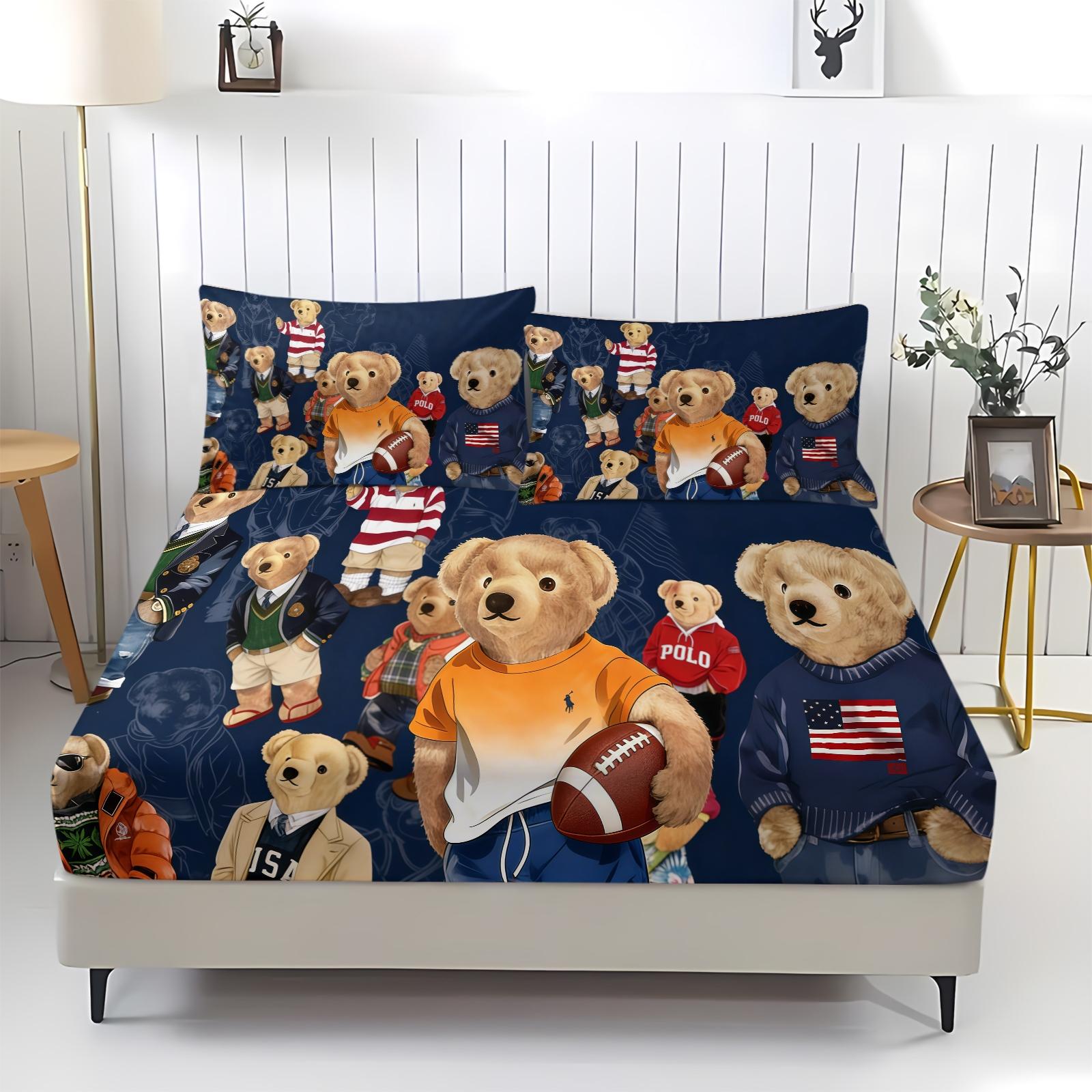 3-Piece Polo Bear Pattern Fitted Sheet Set, Soft And Durable Bedding Set Includes 1 Flat Sheet And 2 Pillowcases, Daily Holiday Birthday Gift Bedroom Decorations For Kids And Adults