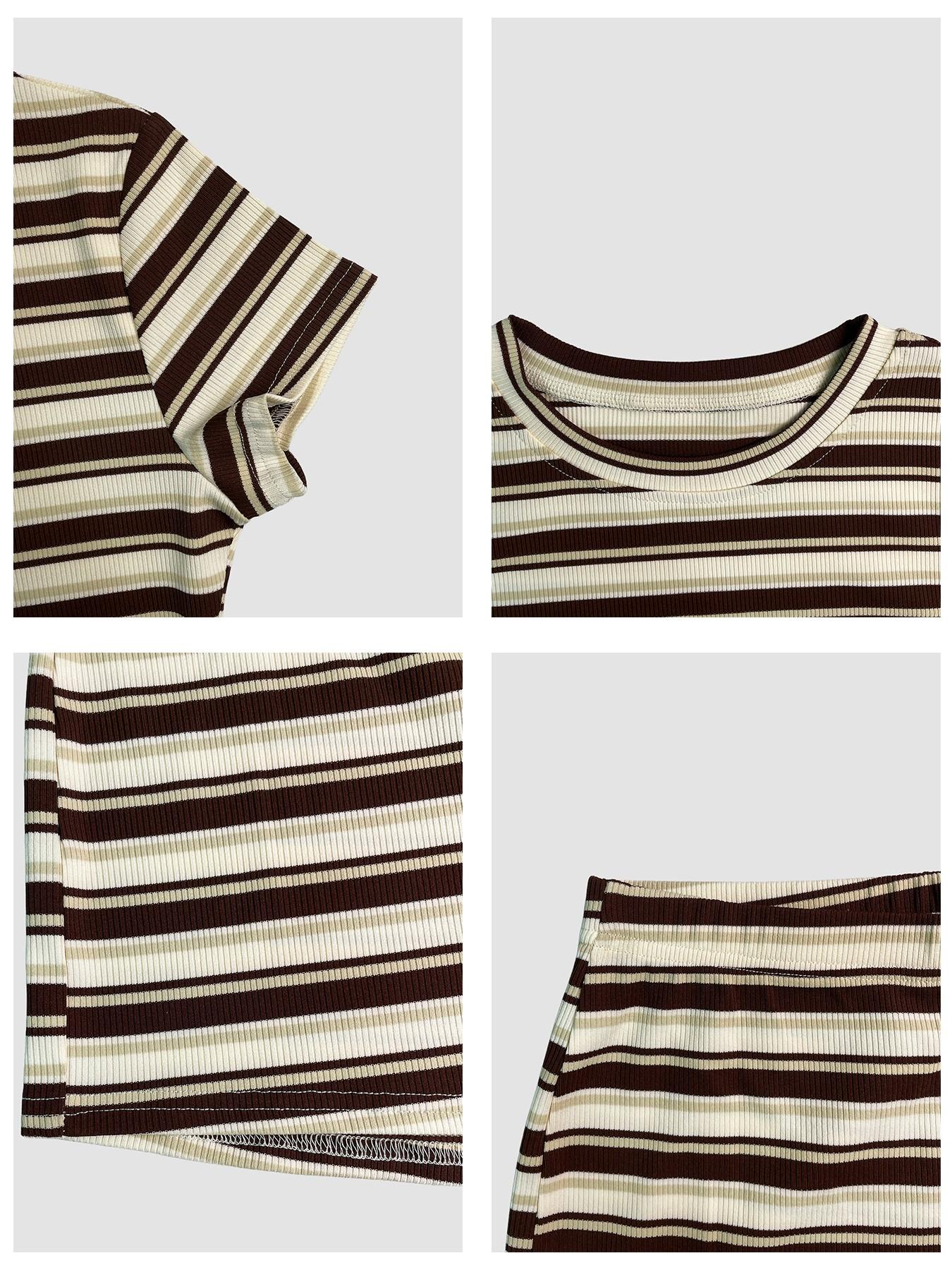 Women's Summer Olive Striped Casual Slim Fit Two-Piece Set, Round Neck Short Sleeve Top + High Waist Mini Shorts