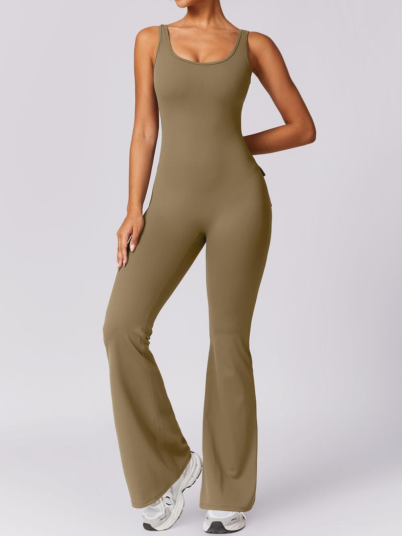 NcmRyu Women's Sleeveless Square Neck Open-Back Flare Jumpsuit - Buttery-Soft 4-Way Stretch Cargo Ruched Sculpting Trendy Activewear Workout Gym Clothing Workout Apparel jumpsuits for women