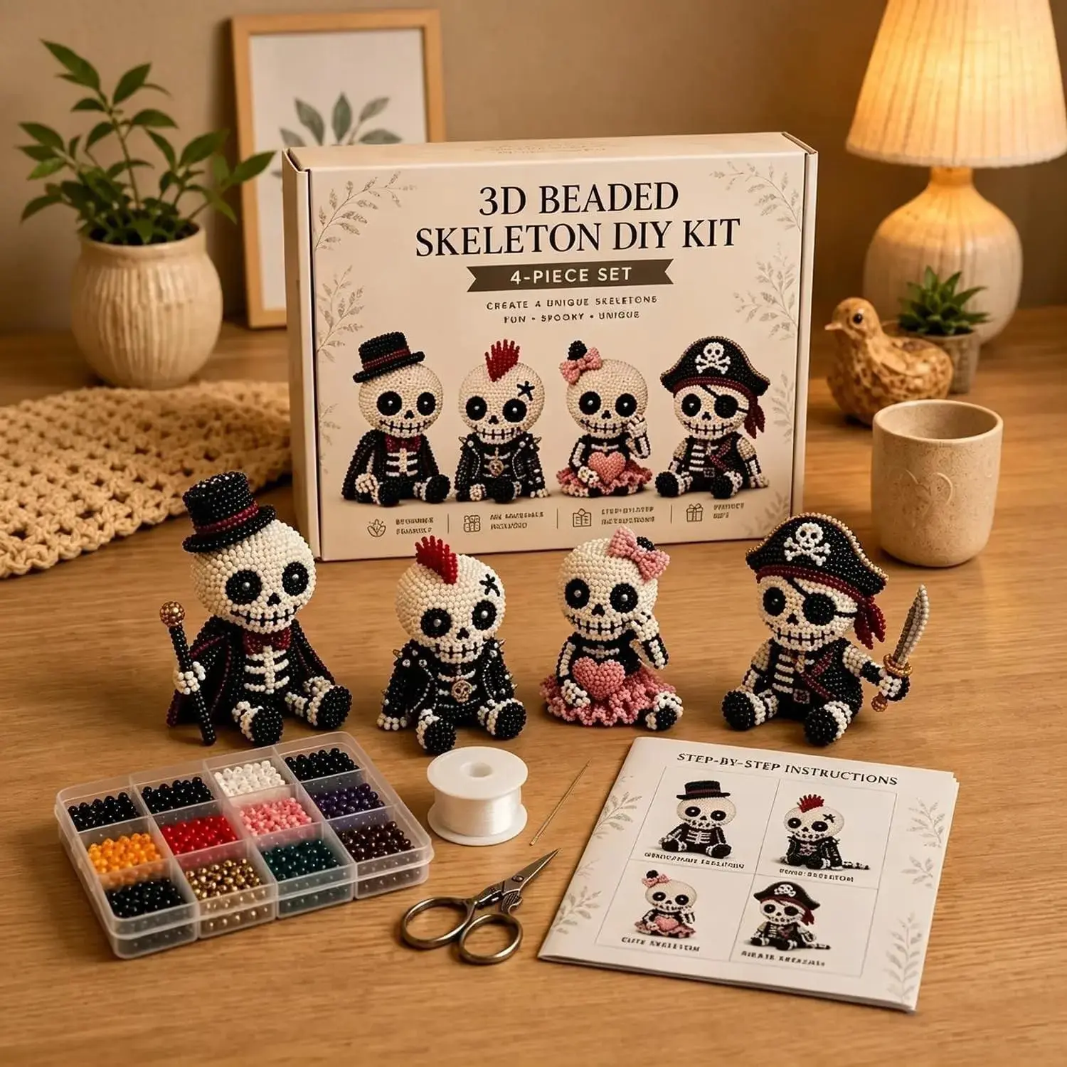 DIY 3D Skull Bead Kit, Includes Materials and Instructions, Halloween Home Decor, Mini Bead World 3D DIY Series, Cute Four-Piece Set