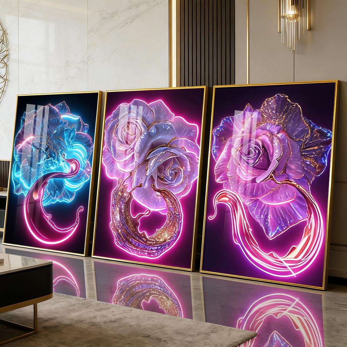 3 Counts Aluminum Alloy Framed Painting, Neon Glowing Roses And Petals Pictures, Home Decoration For Living Room, Bedroom, Office, Restaurant, Hallway Wall Decor, Odorless Print Artwork, Luxury Perfect Gift For Friends And Family