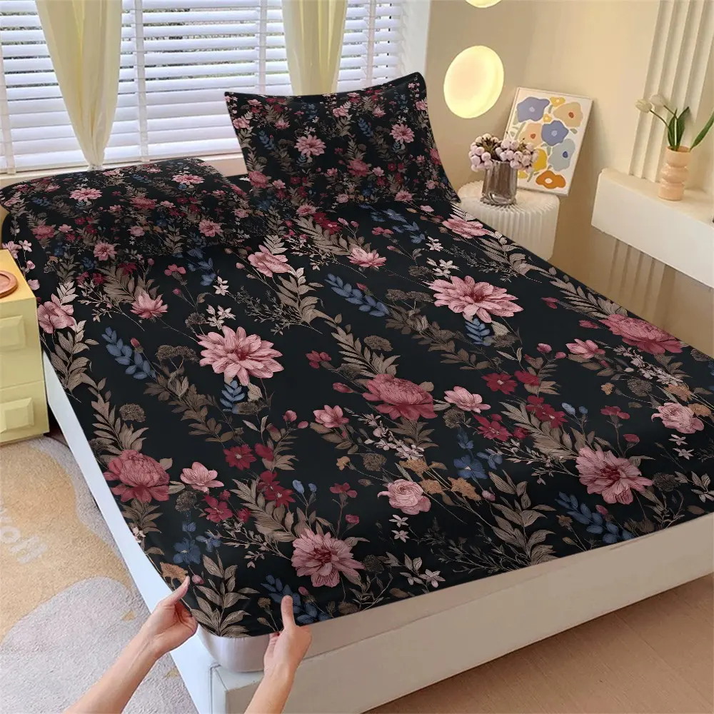 Dark Romantic Vintage Floral Bed Sheet Set, Blue Flower Leaf Pattern, High Elastic Full Cover Bed Sheet with Matching Pillowcase, Floral Bedding