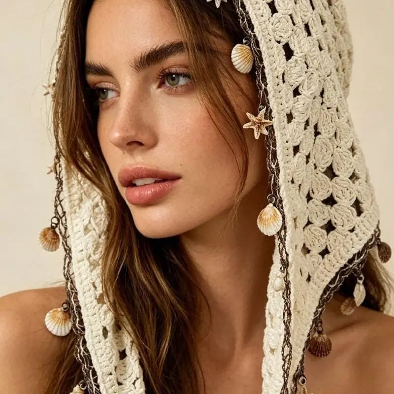 1 Count Boho Crochet Hollow Lace Headband With Seashell Starfish Tassel Decor Summer Women Casual Hair Accessory For Beach Vacation Travel Daily Outdoor Sports