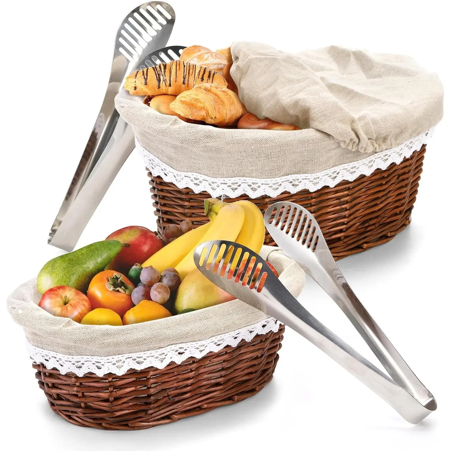 2 Size Wicker Bread Baskets Serving Set, 11" 12" Bread Pastries Fruit Basket, Sourdough Proofing Baskets with Removable Liner Cover and Stainless Steel Tongs