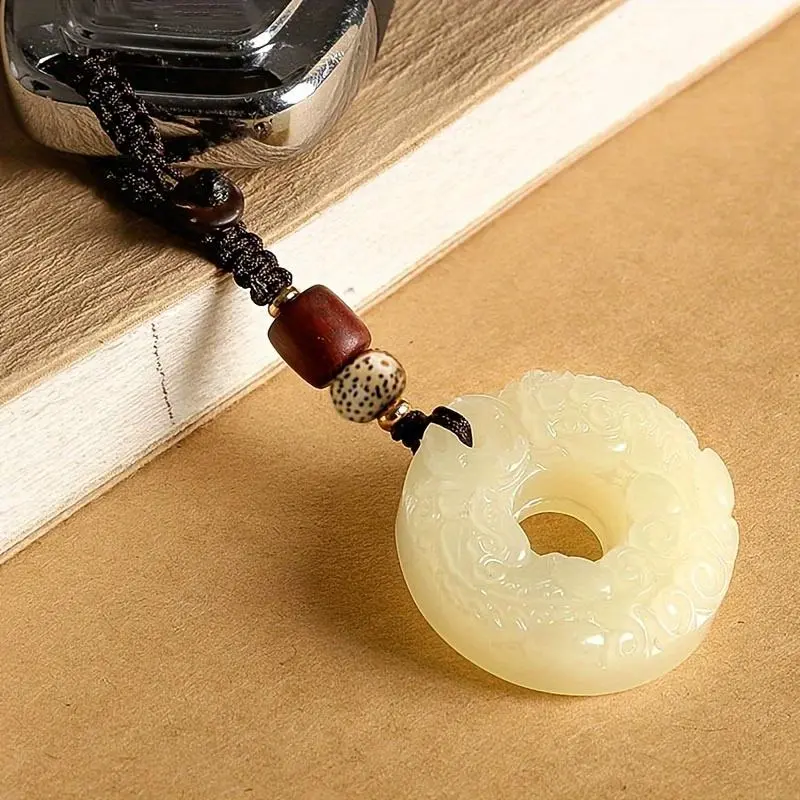 Chinese-Style Handmade Circular Pendant Automobile Keychain - Double-Sided Feng Shui Motif, Wealth-Attracting Amulet, Lucky Charm Gift, Collectibles, Sister Gift (Green/White/Obsidian Black), Feng Shui Accessories, Wealth Motif