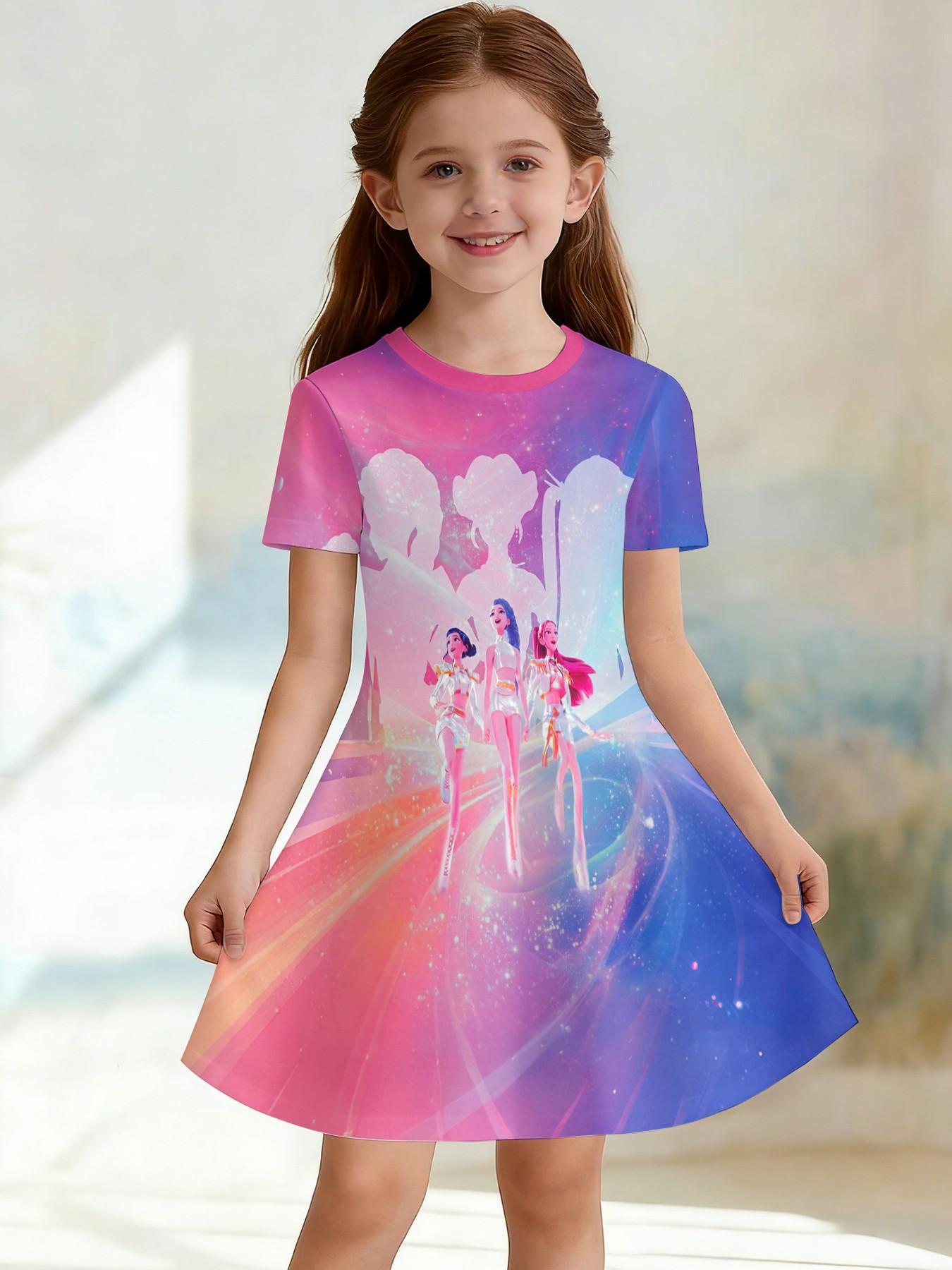 Girls' 3D Futuristic Dress, Cool Short Sleeve A-Line Dress, All over Print, Perfect Birthday Gift, Festival Gift