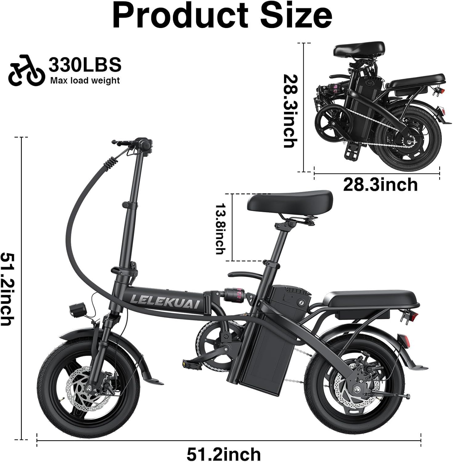 Electric Bike for Adults and Teens, 520W-1200W Motor, 20-28MPH, 32 Miles Range, 48V 10Ah Battery, 3-Level Pedal Assist, 14" Foldable Mini Electric Bicycle, UL 2849 Certified