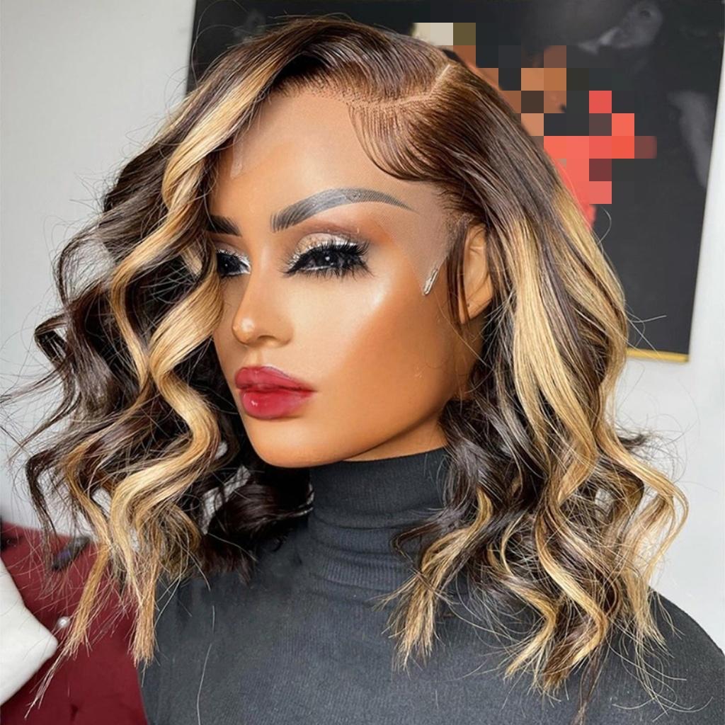 Highlight Bob Wig Human Hair 13x4 HD Lace Front Wigs Human Hair Pre Plucked Hairline Frontal Glueless Short Body Wave Bob Wigs for Black Women Human Hair Ombre Brown Honey Blonde P4/27 Loose Wave SpringStatements