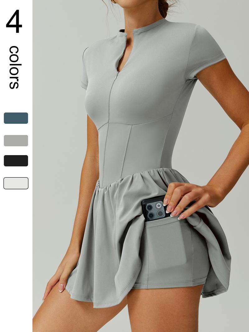 Women's Sporty Plain Color Waist Cinched Short Sleeve Jumpsuit, Anti-Slip Inner Pocket Front Zip Design, Yoga Tennis Gym Training Outdoors, Sports Jumpsuit