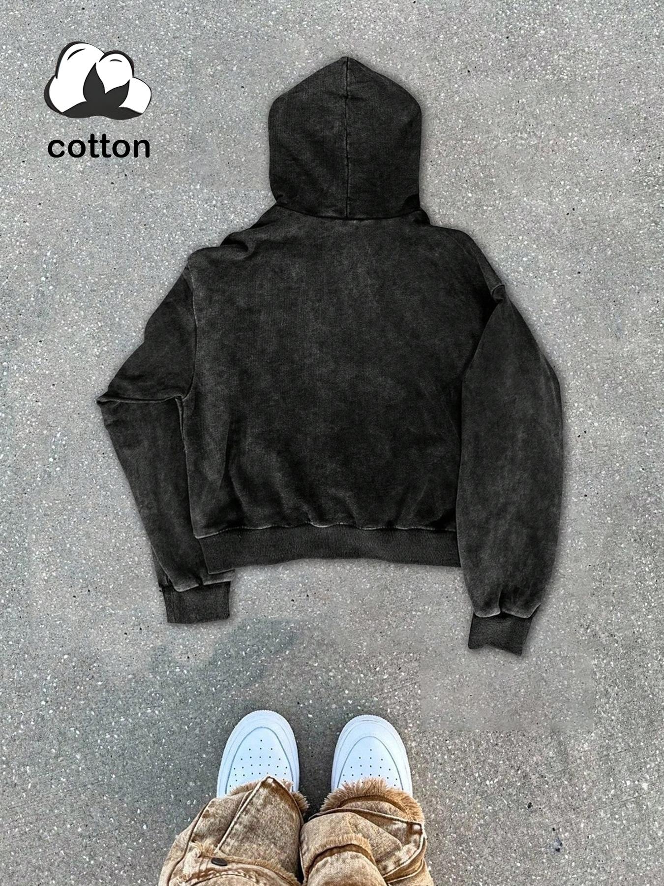 Cotton men's street Y2K retro style washed hooded zipper sweatshirt fashionable casual men's tops, men's long-sleeved velvet autumn and winter jacket