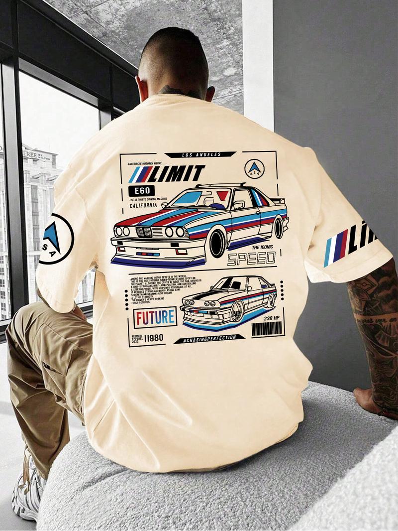 Men's Car & Letter Print Short Sleeve Graphic Tee, Regular Fit Streetwear Casual Round Neck T-shirt for Summer, Men's Top for Daily Wear