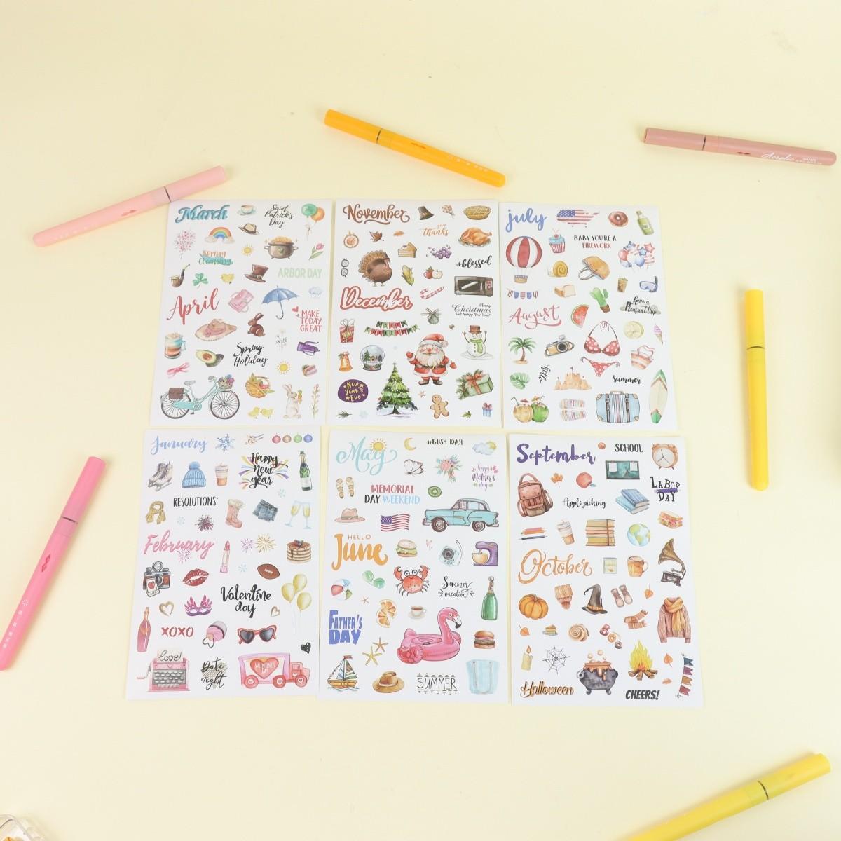 Cute Sticker Set for Journals, Includes 6 Sheets, Perfect for Scrapbooking, DIY Crafts, Art Decoration, Ideal for Personalization