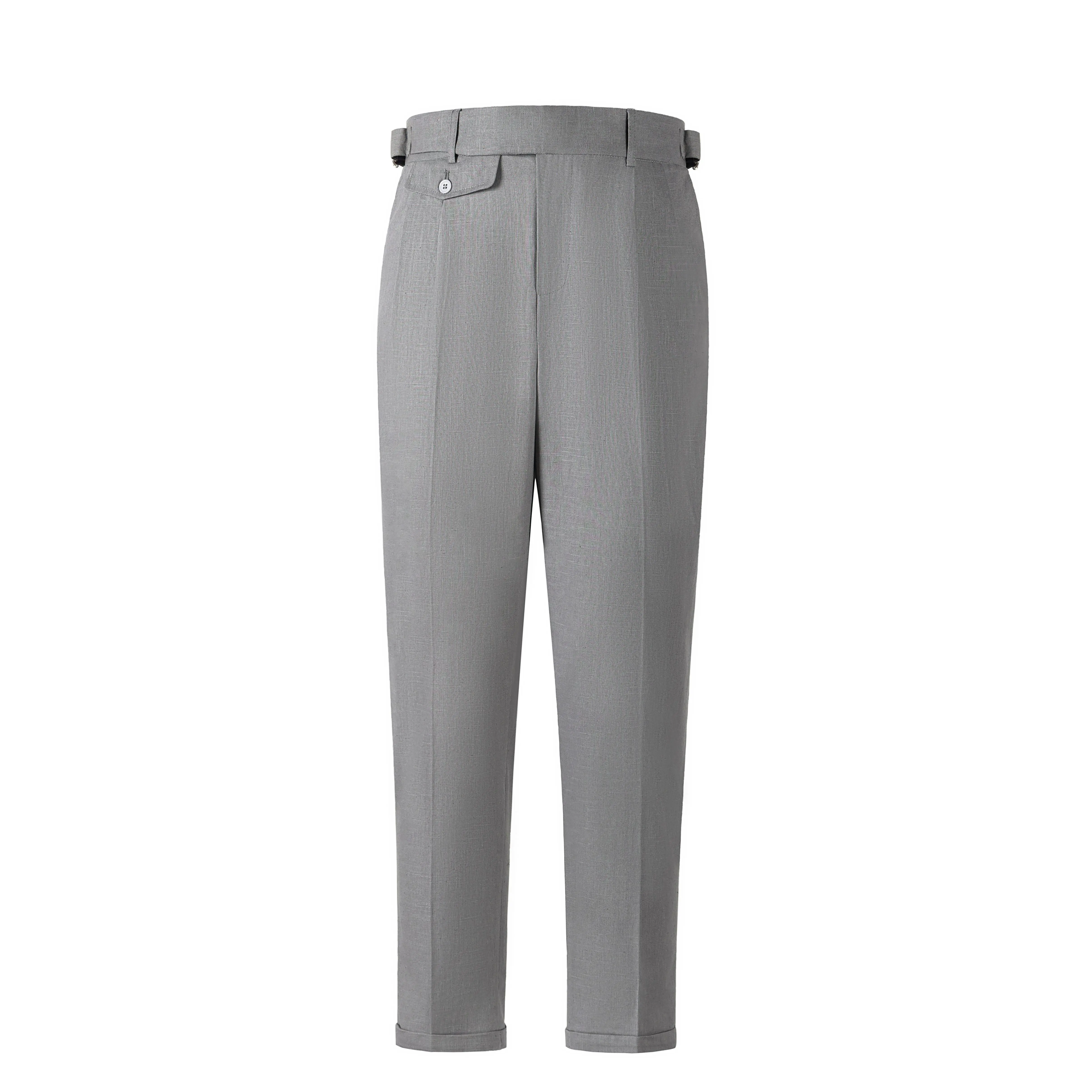 Men's Summer Breathable Linen-Blend Gurkha Trousers - Pleated, Turn-Up Cuff, Retro Gentleman Dress Pants for Business Attire,  Elegant Menswear