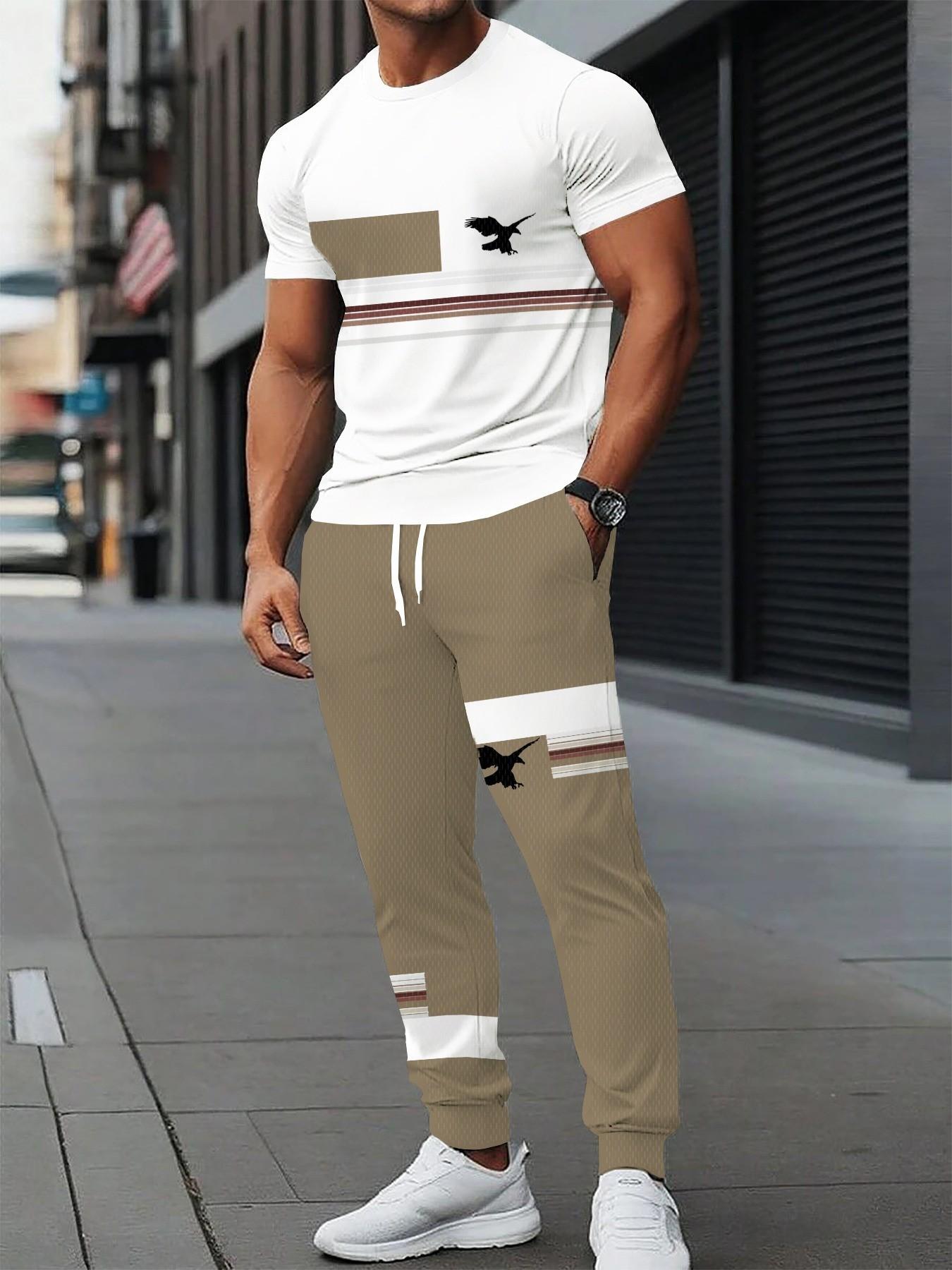 Men's Eagle Flag Striped Two-Piece Set, Casual Short Sleeve Tee and Drawstring Jogger Pants, Streetwear Summer Sports